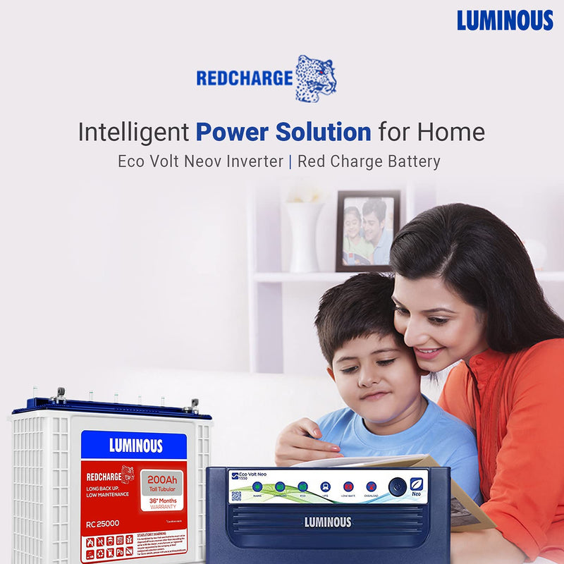 Luminous Inverter & Battery Combo (Eco Volt Neo 1550 Pure Sine Wave 1400VA/12V Inverter, Red Charge RC 25000 Tall Tubular 200Ah Battery) for Home, Office & Shops