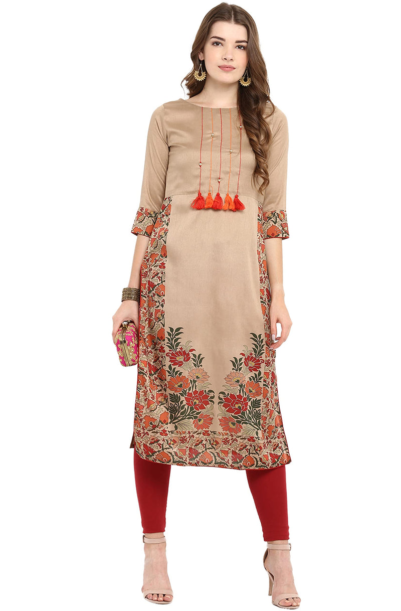 Janasya Women's Light Brown Poly Silk Floral Printed Straight Kurta(JNE2305-KR-Light Brown-J-L)