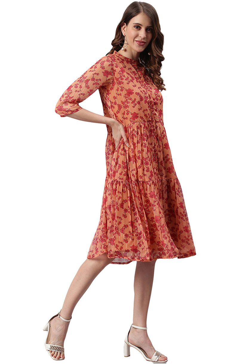 Janasya Women's Orange Poly Georgette Floral Flared Western Dress(J0335-DR-M)