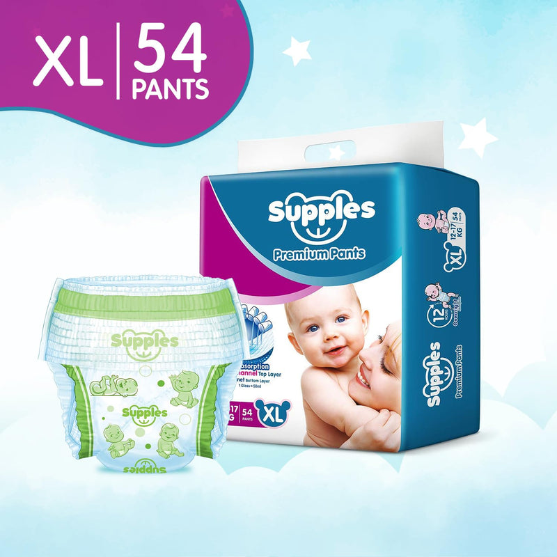 Supples Premium Diapers, X-Large (XL), 54 Count, 12-17 Kg, 12 hrs Abso
