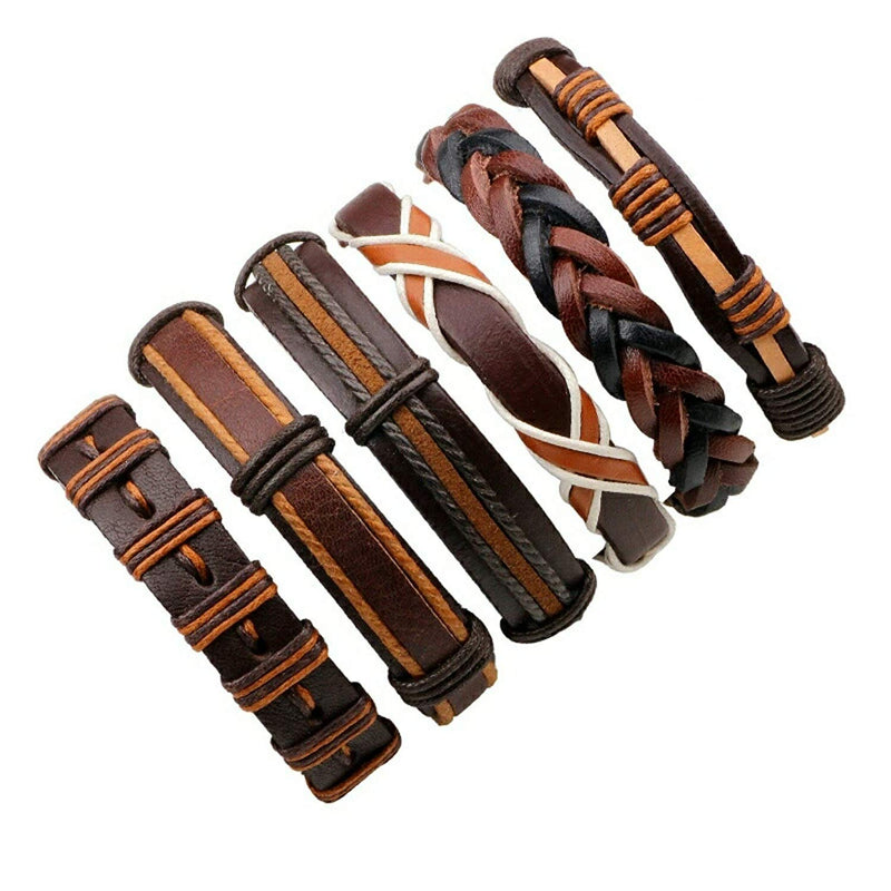 University Trendz 6 Pcs Brown Wrap Real Leather Bracelet for Boys Friendship Bracelets Skin Friendly (African)