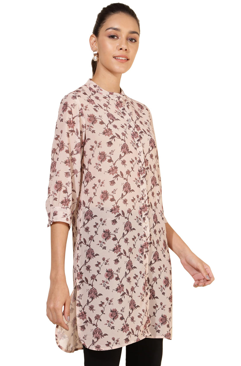 Janasya Women's Beige Georgette Floral Printed Regular Tunic(JNE4325-TU-XL)