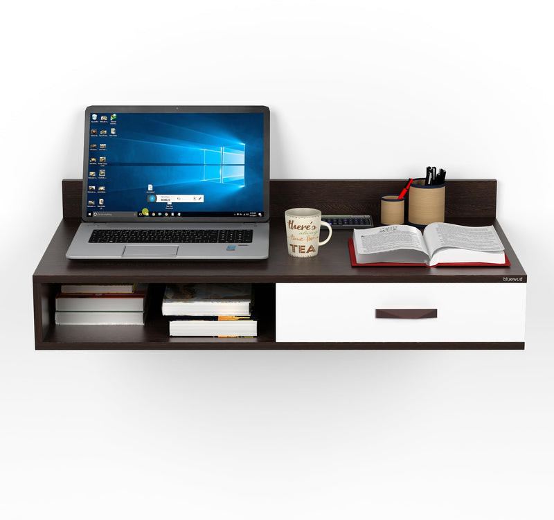 BLUEWUD Reynold Engineered Wall Mount Wood Study and Computer Laptop Table for Home or Office, WFH Desk, with Drawer Shelves Storage for Books and Décor Display (Wenge & White)