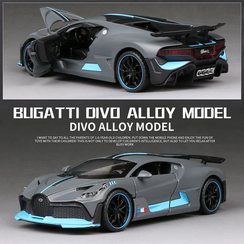 TEC TAVAKKAL 1:32 Bugatti Divo Metal Alloy Pull Back Car Diecast Electronic Toys with Openable Doors Lights and Music,Decorative,Mini Vehicles Toys for Kids,Young Peoples Gifts for All Age (Gray)