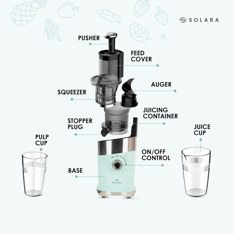 SOLARA Cold Press Vertical Slow Juicer, Easy Clean Slow Juicer Cold Pressed Juice Extractor, Slow Juicer for Fruits & Vegetables, 1 Speed + Reverse Function Masticating Juicer | Aqua