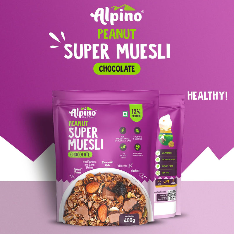 ALPINO Chocolate Super Muesli Nuts & Cookies - 70% Whole Grains & Chocolate Oats, 13% Nuts & Cookies - High in Protein, Source of Fibre – Breakfast Cereal (400 G)