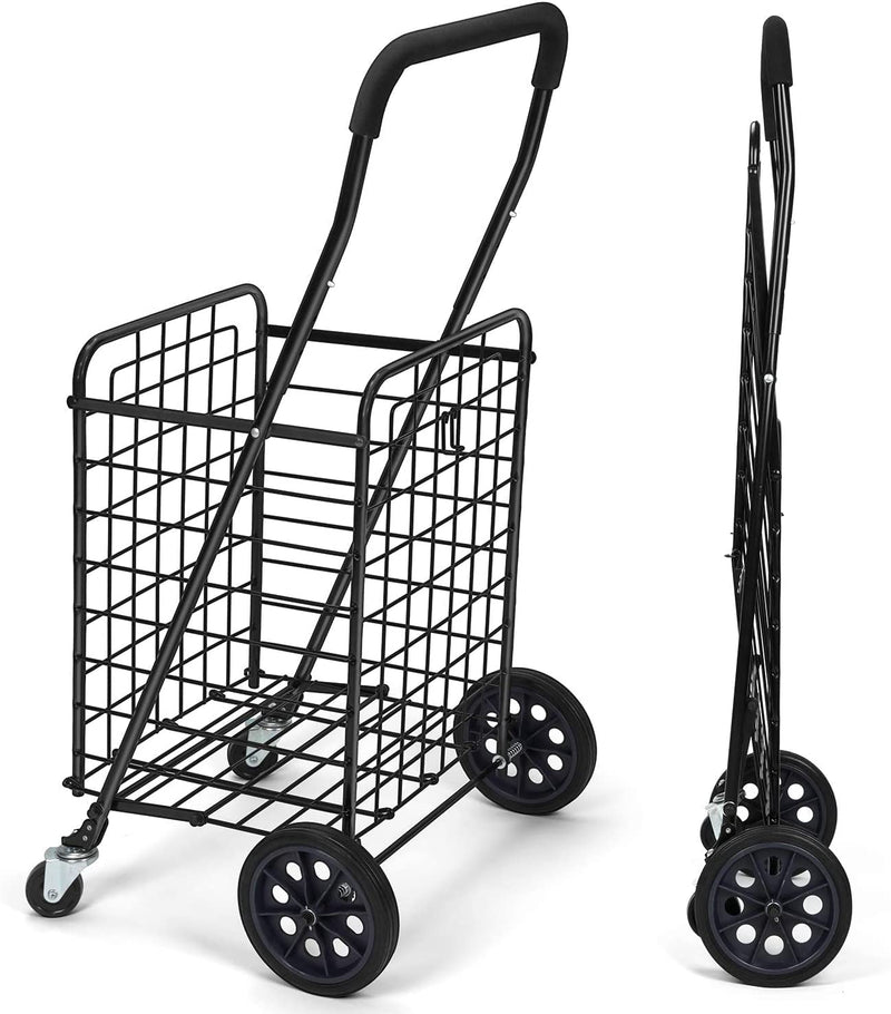 Cheston Shopping Trolley with Wheels I Compact Folding Cart for Carrying Goods, Grocery, Vegetables, Sports Equipments I 360° Rolling Wheels I Lightweight Easy to Move Holds up to 80Kg I Black