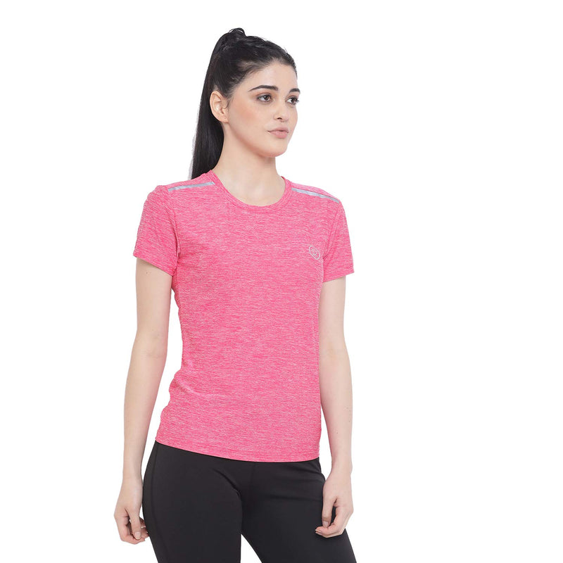 CHKOKKO Women's Round Neck Dry Fit Gym Sports T-Shirt Spacedye Pink Size XL