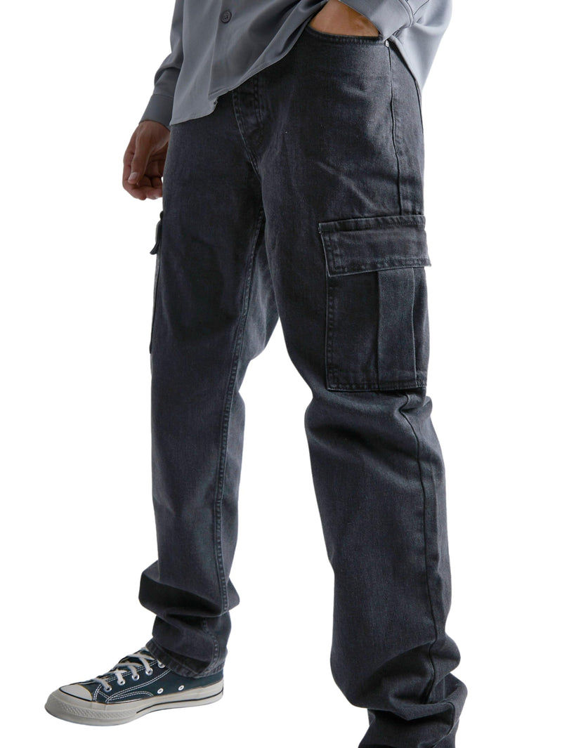 Wide Leg 6 Pocket Cargo Denim Jeans (32, Charcoal Black)