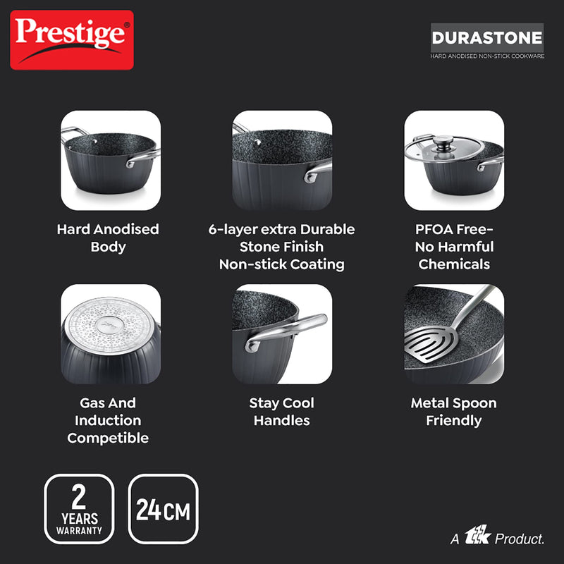 Prestige Durastone Hard Anodised 6 Layer Non-Stick Casserole with Glass Lid, (24 cm, 4 Litre) (Black)