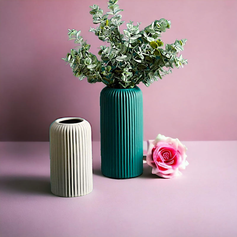 NEELAYA Premium Ribbed Ceramic Flower Vase for Living Room - Decorative Showpiece Plant Vases for Home Decor, Bedroom, Gift - Matte Finish - Set of 2 (Green - 20.5 cm & Grey -15.3 cm)