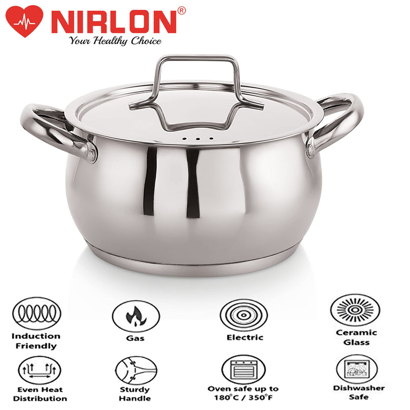 NIRLON Deluxe Series Stainless Steel Impact Bonded Tri Ply Bottom Induction Handi Casserole with Steel Lid, 18 cm / 2.9 litres, Dishwasher Safe | Flame Safe | Gas Stove Safe | Hot Plate Safe