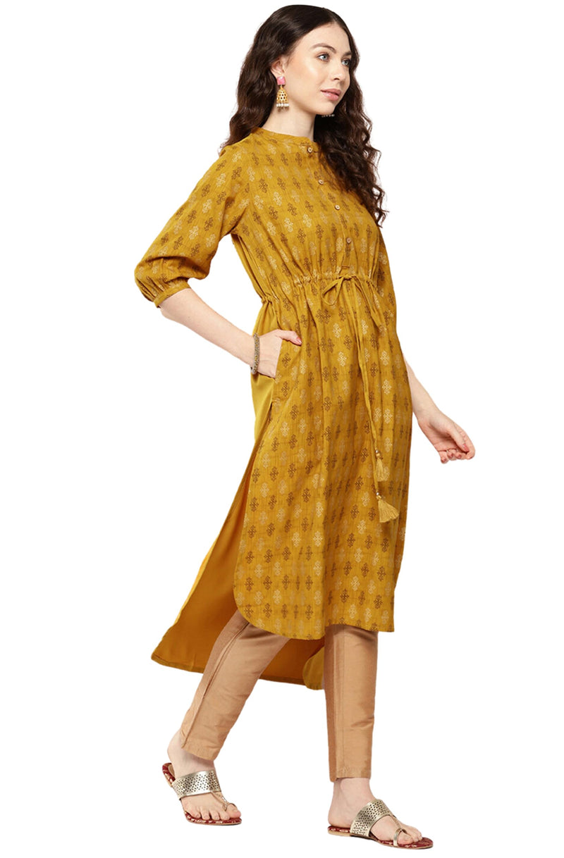 Janasya Women's Mustard Moss Ethnic Motif Foil Printed High Low Kurta(JNE4291-KR-XL)