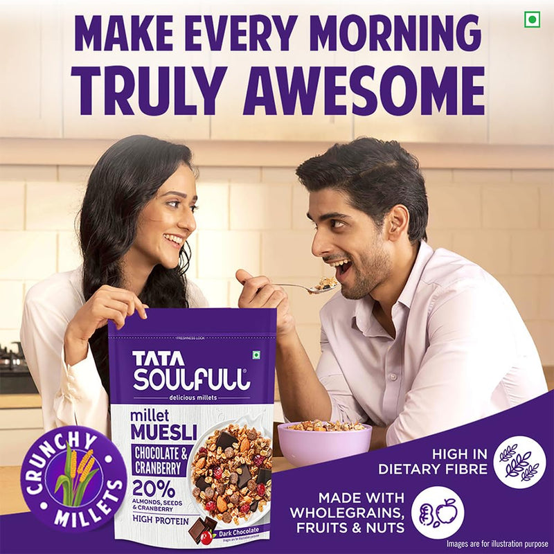 Tata Soulfull Millet Muesli | Chocolate & Cranberry | 20% Almonds, Seeds & Cranberry | Dark Chocolate | High in Protein | 500g