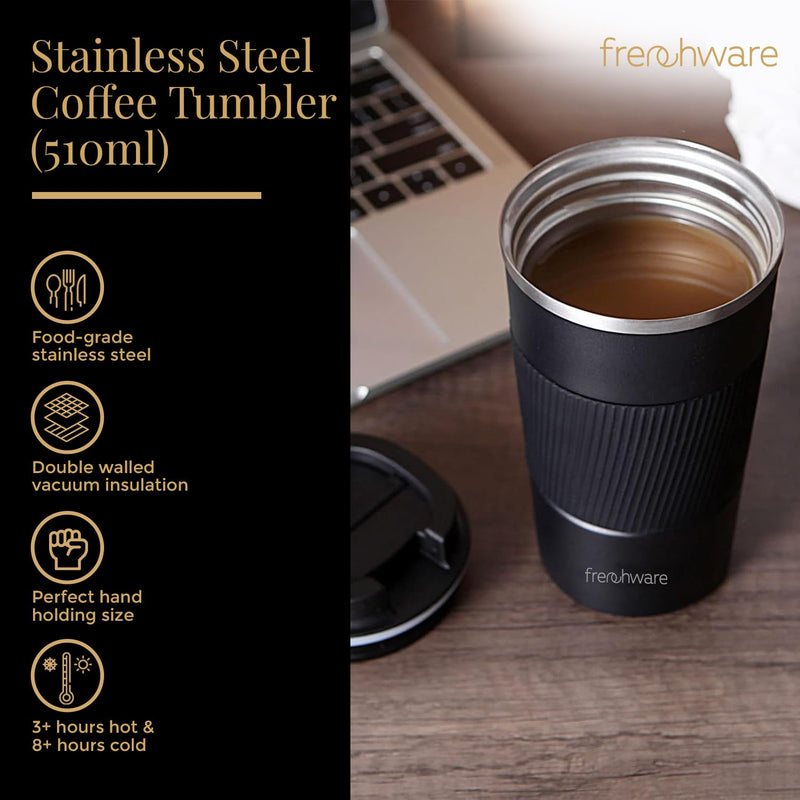 Frenchware Vacuum Insulated Mug, Travel Coffee Mug with Leakproof Lid, Reusable for Hot & Cold Coffee Water Tea, 3 Hours Hot & 8 Hours Cold, Non-Slip Protective Cover (510 ml, Black)