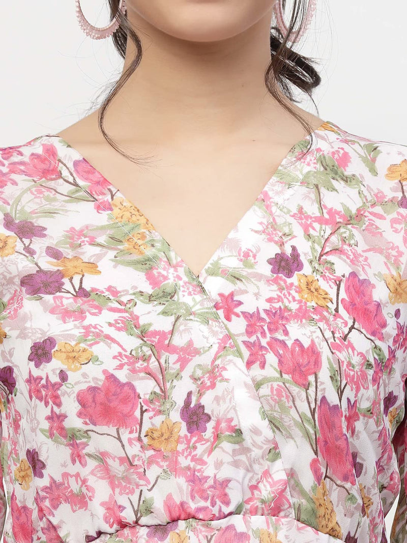 I ENTERPRISE Women's Georgette Pink V Neck Full Sleeve A-line Dress for Women | One Piece Dress for Women | Dress for Women Stylish | Western Dress | Dress for Women | Printed Dress