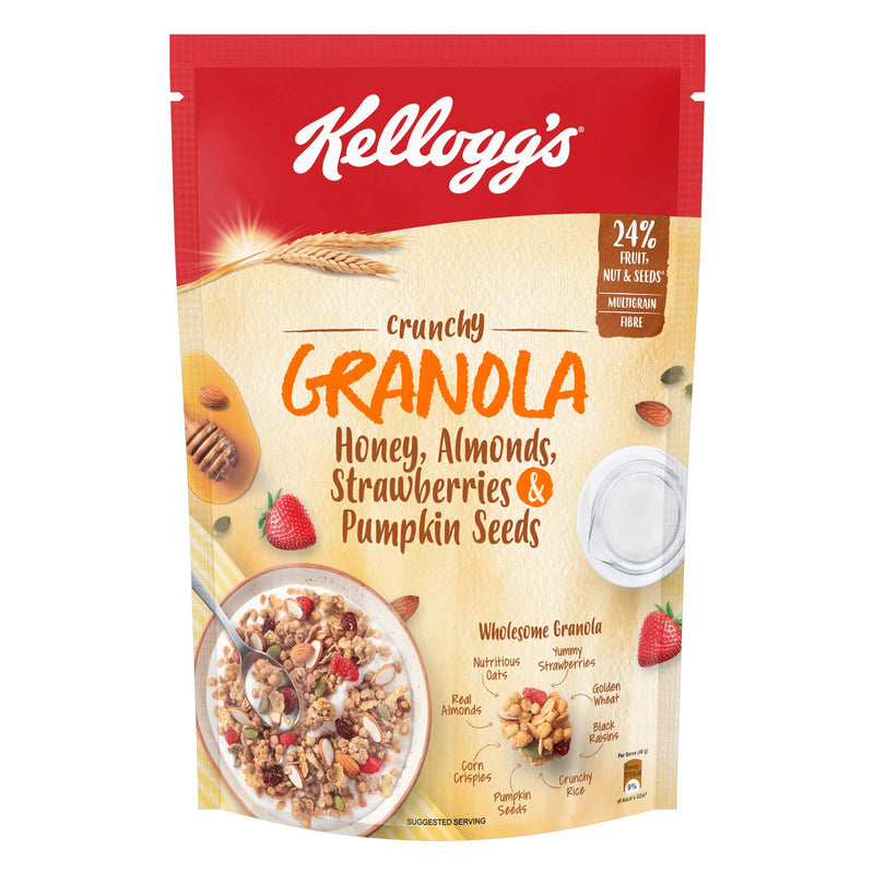 Kellogg's Combo, Kellogg's Chocos, High in Protein, B Vitamins, Calcium And Iron, 1.2kg Pack and Kellogg's Crunchy Granola Honey, Almonds, Strawberries & Pumpkin Seeds, 450 g