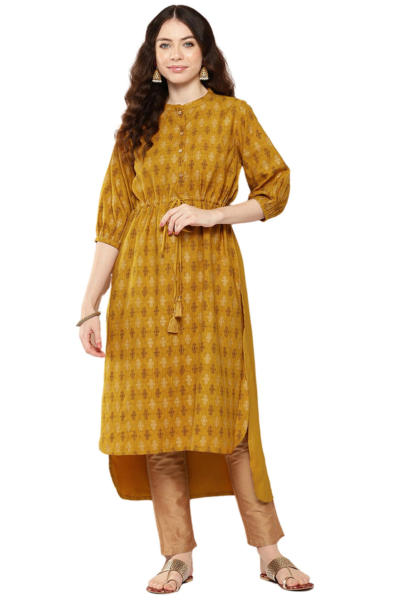 Janasya Women's Mustard Moss Ethnic Motif Foil Printed High Low Kurta(JNE4291-KR-XL)