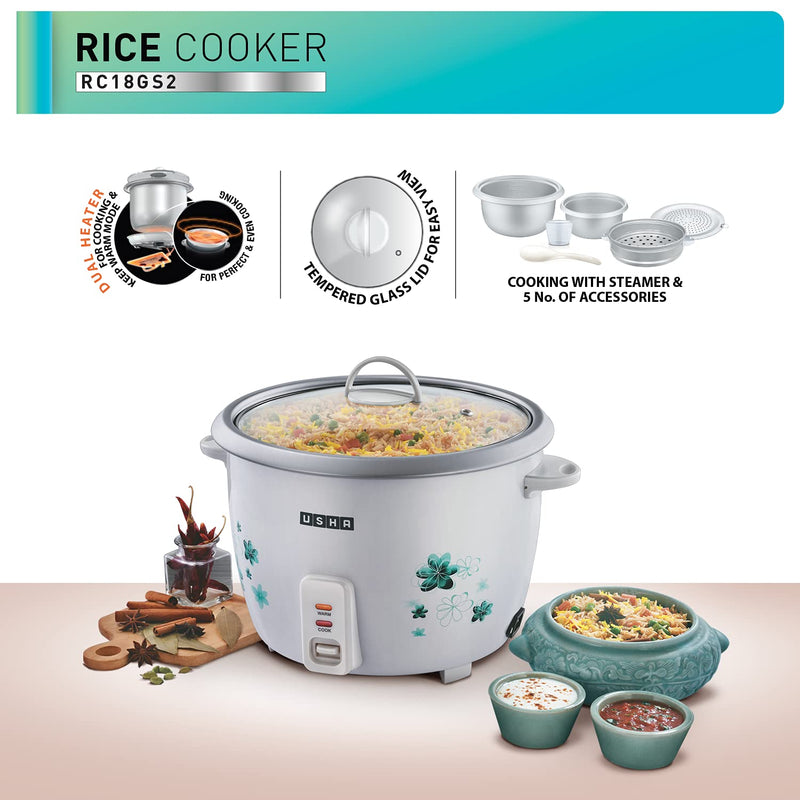 USHA RC18GS2 Steamer 700 Watt Automatic Rice Cooker 1.8 Litres with Powerful Heating Element, Keep Rice Warm for 5 Hrs, 2 Cooking Pans, Steamer, Trivet Plate & more accessories, 5 Yrs Warranty (White)