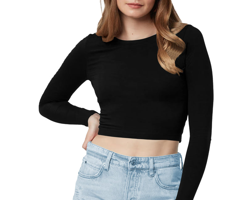 THE BLAZZE Women's Cotton Boat Neck Full Sleeve Solid Casual Wear Black Crop Top for Women L357 1138 (M, BLK)