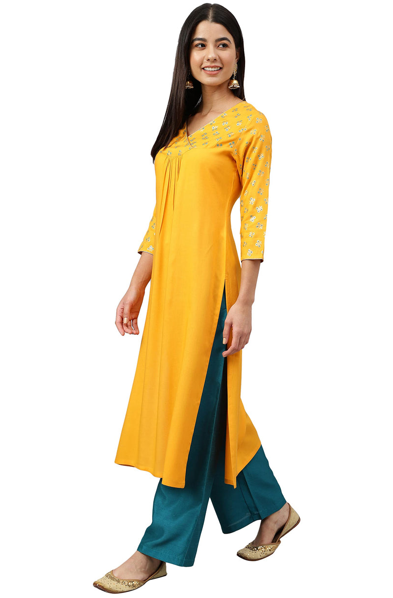 Janasya Women's Orange Rayon Gold Floral Print Straight Kurta(OFF-1201-KR-S)