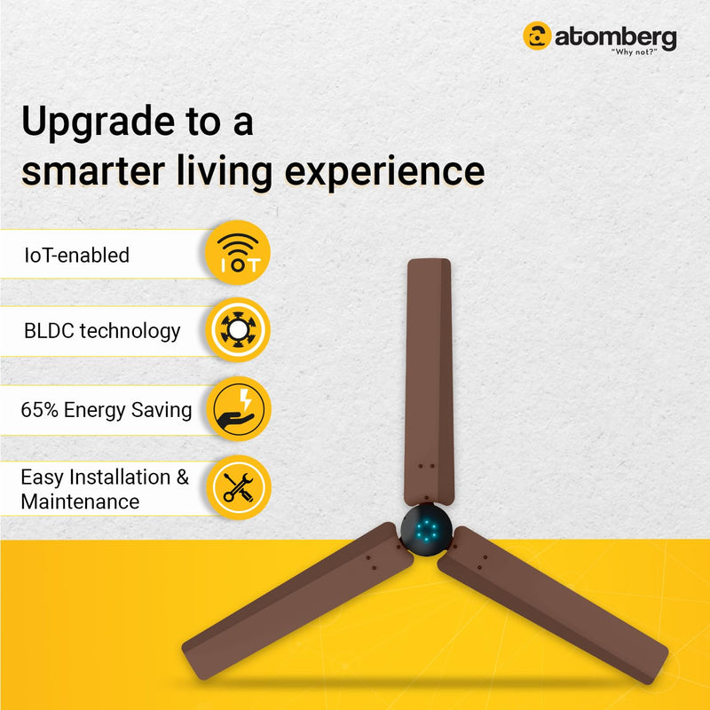 atomberg Renesa Smart 1200mm BLDC Motor 5 Star Rated Ceiling Fan with IoT and Remote | Smart and Energy Efficient Fan with LED Indicators | Saves Upto 65% Energy | 2+1 Year Warranty (Brown)