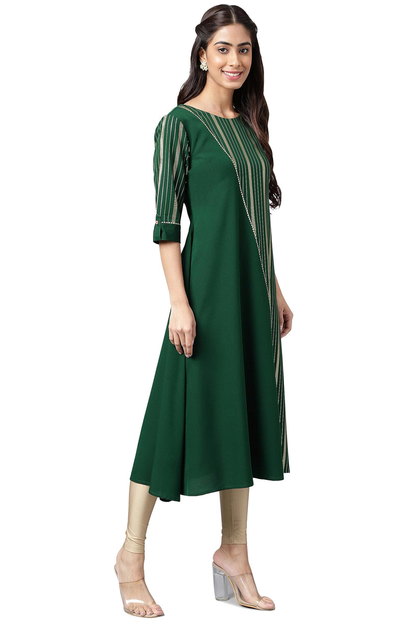 Janasya Women's Dark Green Crepe Foil Printed A-Line Kurta(JNE4234-KR-XXL)