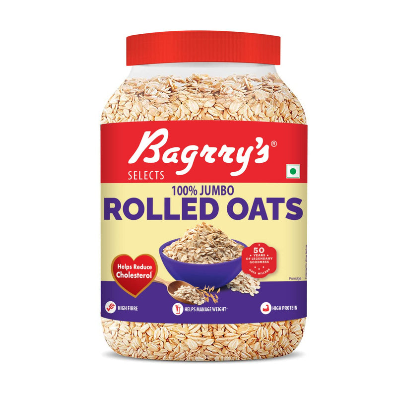 Bagrry’s 100% Jumbo Rolled Oats 1.2kg Jar | Whole Grain Rolled Oats with High Fibre, Protein | Non GMO | Healthy Food with No Added Sugar | Diet food for Weight Management | Premium Rolled Oats | Nutritious & Healthy Breakfast Cereal | Instant Oats