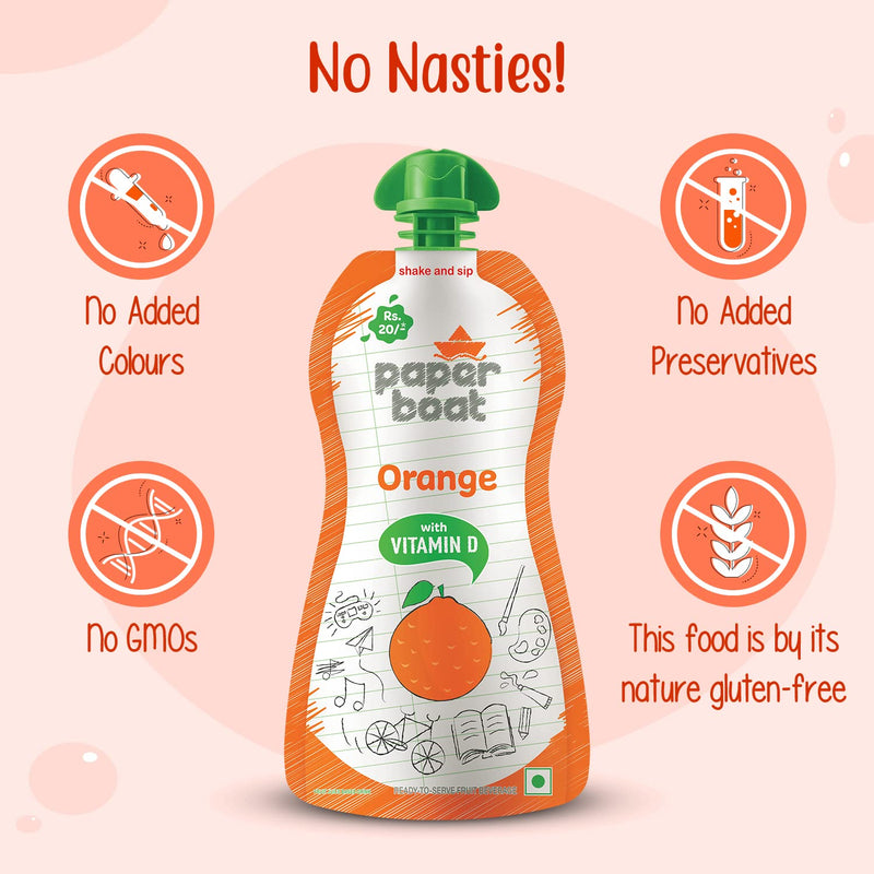 Paper Boat Orange Juice, Enriched with Vitamin D, No Added Preservatives and Colours (Pack of 9, 150ml each)