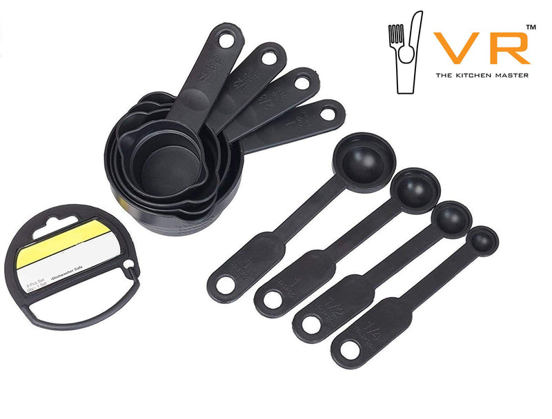 VR Smart Plastic Measuring Spoon and Cup Set, 8-Pieces (Black, Pack of 1)