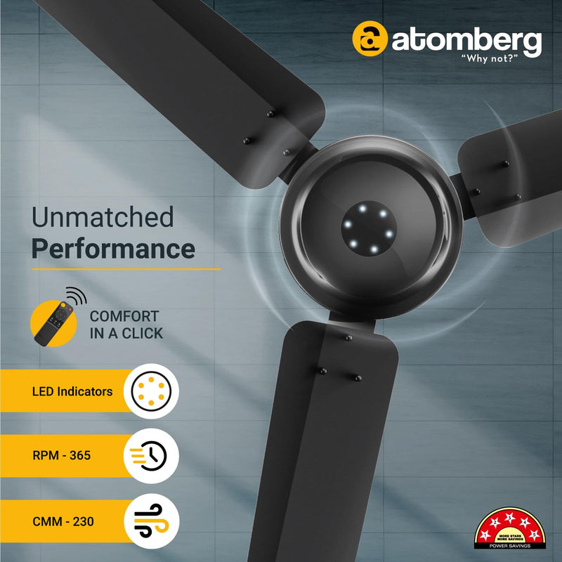 atomberg Efficio Alpha 1200mm BLDC Motor 5 Star Rated Classic Ceiling Fans with Remote Control | High Air Delivery Fan with LED Indicators | Upto 65% Energy Saving | 1+1 Year Warranty (Black)