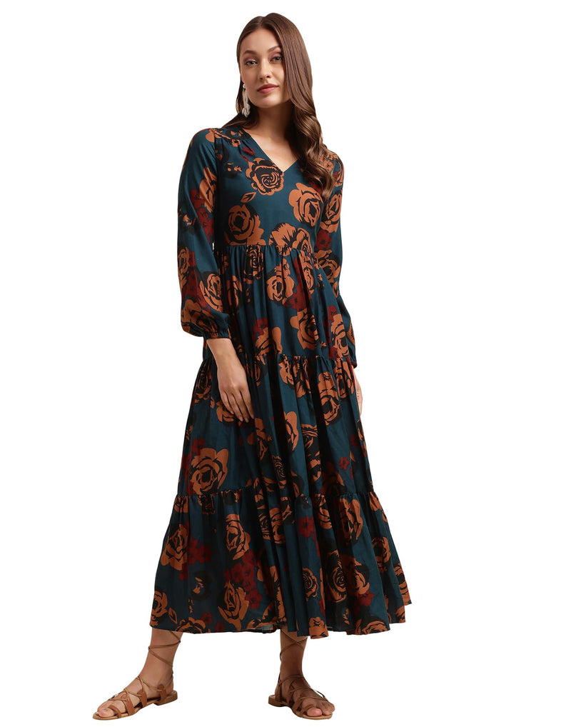 SIRIL Women's Western Poly Rayon Dresses | Maxi Dress | Printed Western Dress for Women (493TK7614-M_Blue)