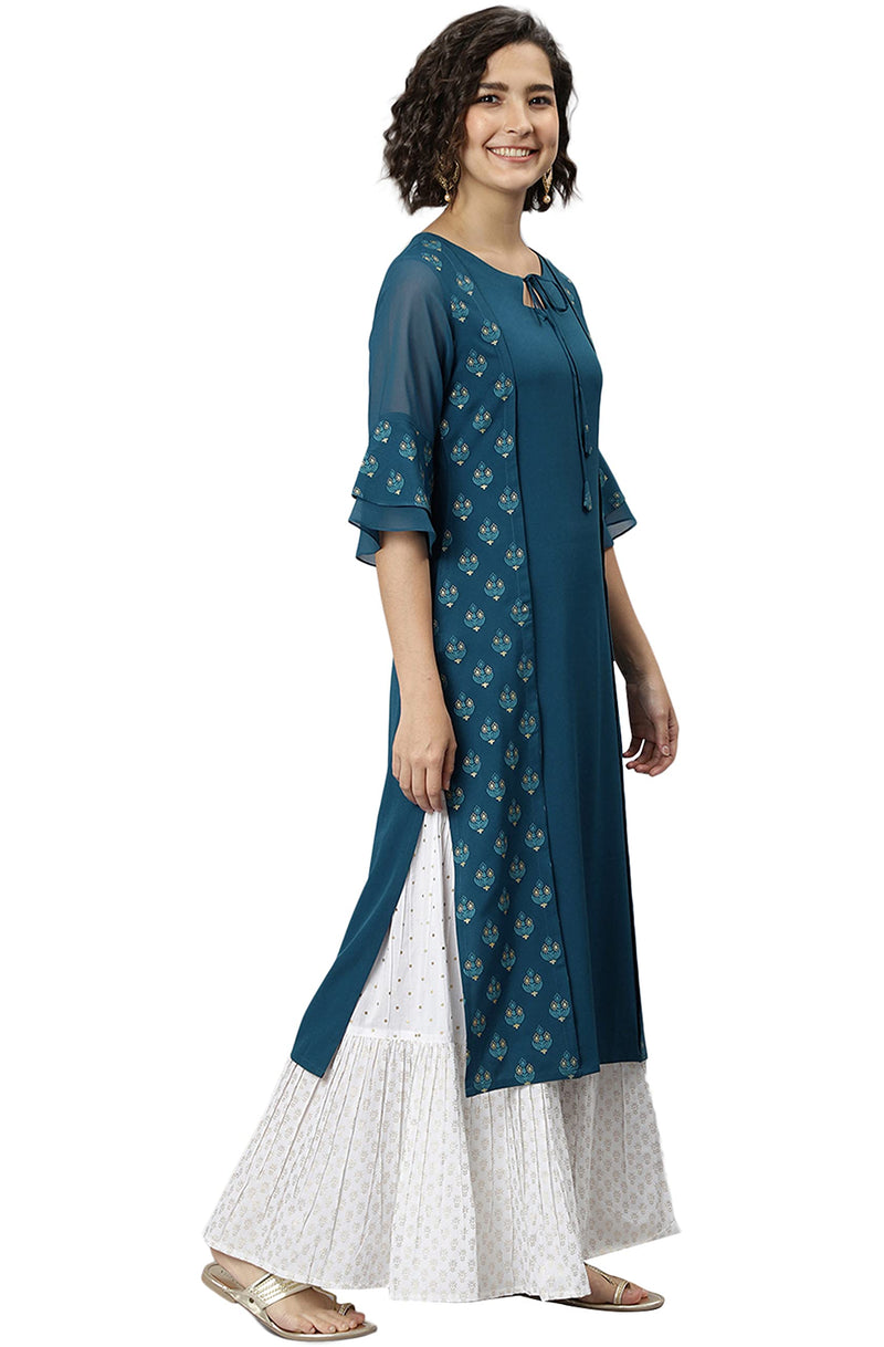 Janasya Women's Teal Poly Crepe Ethnic Motifs Kurta(Teal_Medium)