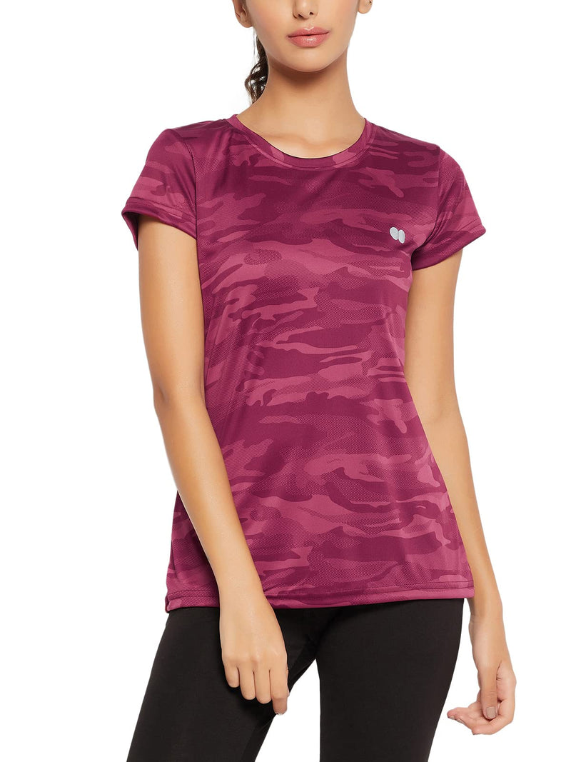 Clovia Women's Comfort Fit Camouflage Print Active T-Shirt(AT0124P09_Maroon_L)