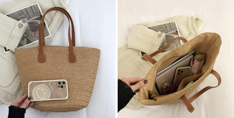 MAIRO LIFESTYLE Straw Wicker Handmade Boho Summer Beach Shoulder Bag (Classic Beige) (Brown 2)