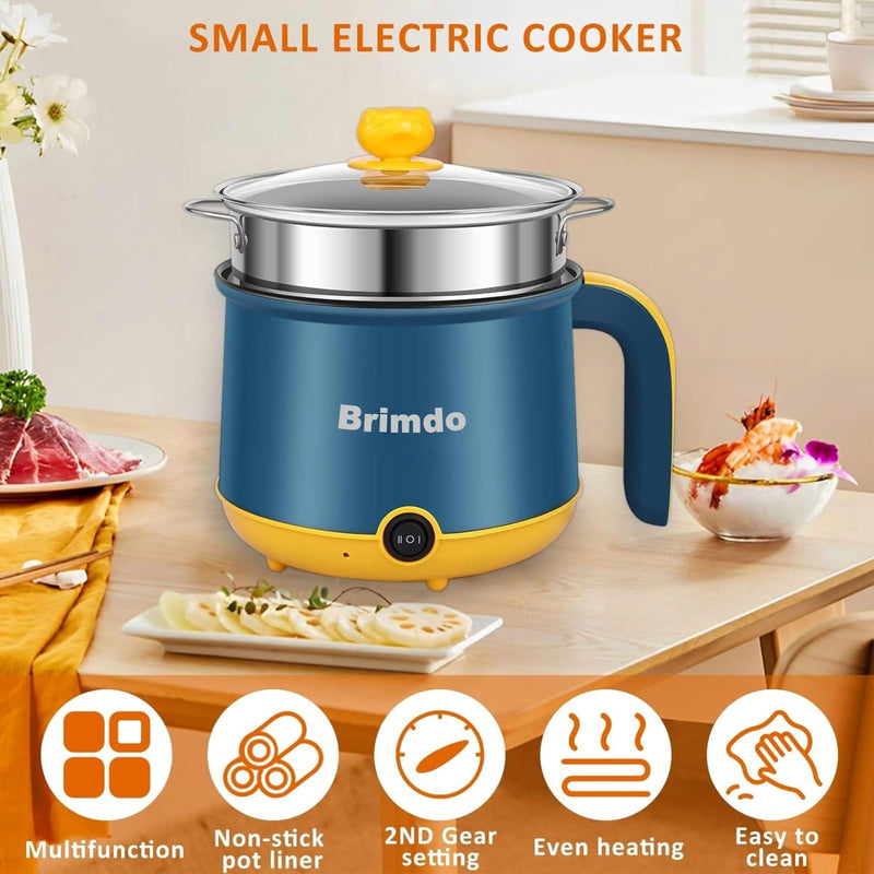 Brimdo 1.8 Litre Electric Cooker 600W Inner Non-Stick Cooking Pan with Stainless Steel Steamer, Double Layered Body Multi Cook Pot Pasta, Noodles, Momos, Rice, Steaming, Egg, Vegetable