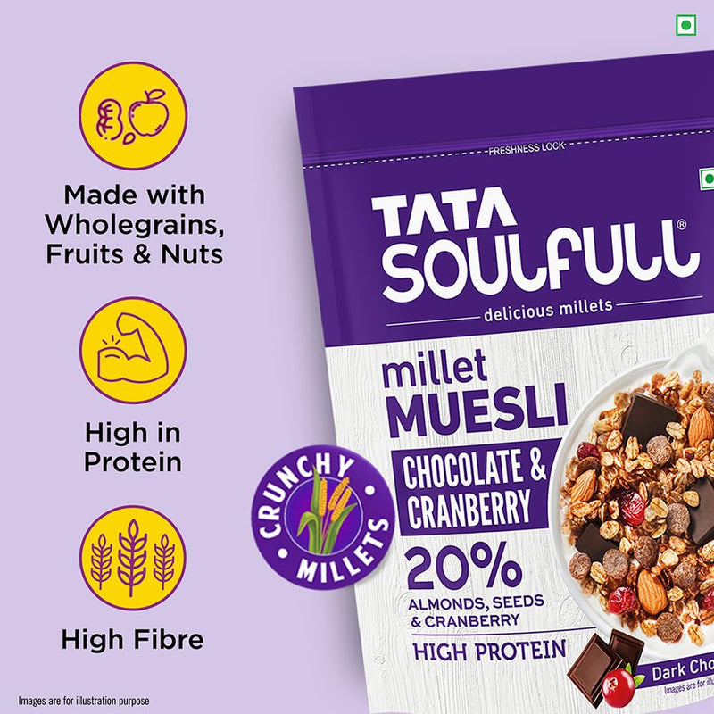 Tata Soulfull Millet Muesli | Chocolate & Cranberry | 20% Almonds, Seeds & Cranberry | Dark Chocolate | High in Protein | 500g