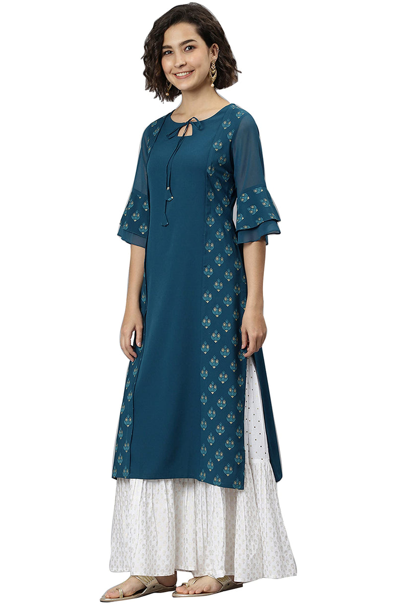 Janasya Women's Teal Poly Crepe Ethnic Motifs Kurta(Teal_Medium)