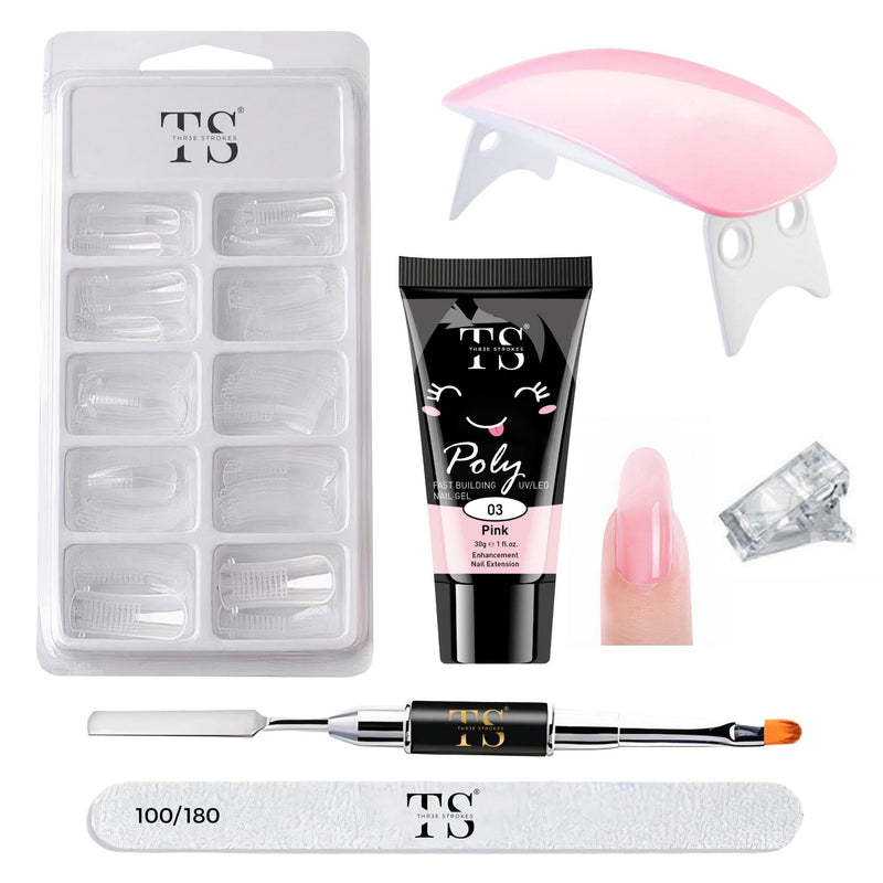 Poly Nail Extension Gel Kit for Builder Gel UV Nail Art Kit Nail Extension Set(1 Polygel Tube, 100 Clear Nails +1Buffer+2 Dual Ended Spatula + Nail Art Brush & Poly Nail Clips + Mini UV Lamp) (PINK)