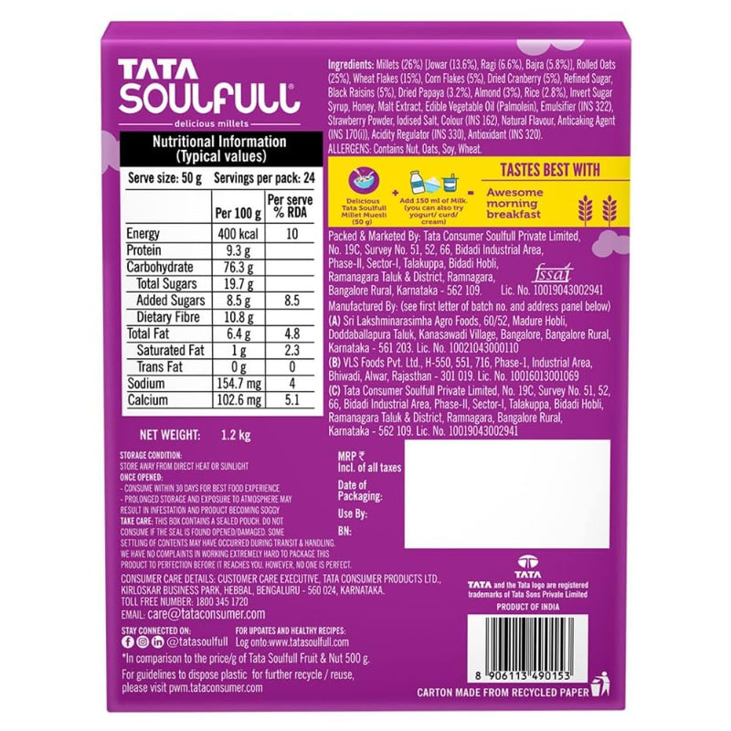 Tata Soulfull Fruit & Nut Millet Muesli, Contains Fruits & Almonds, 400g, Buy 2 Get 1