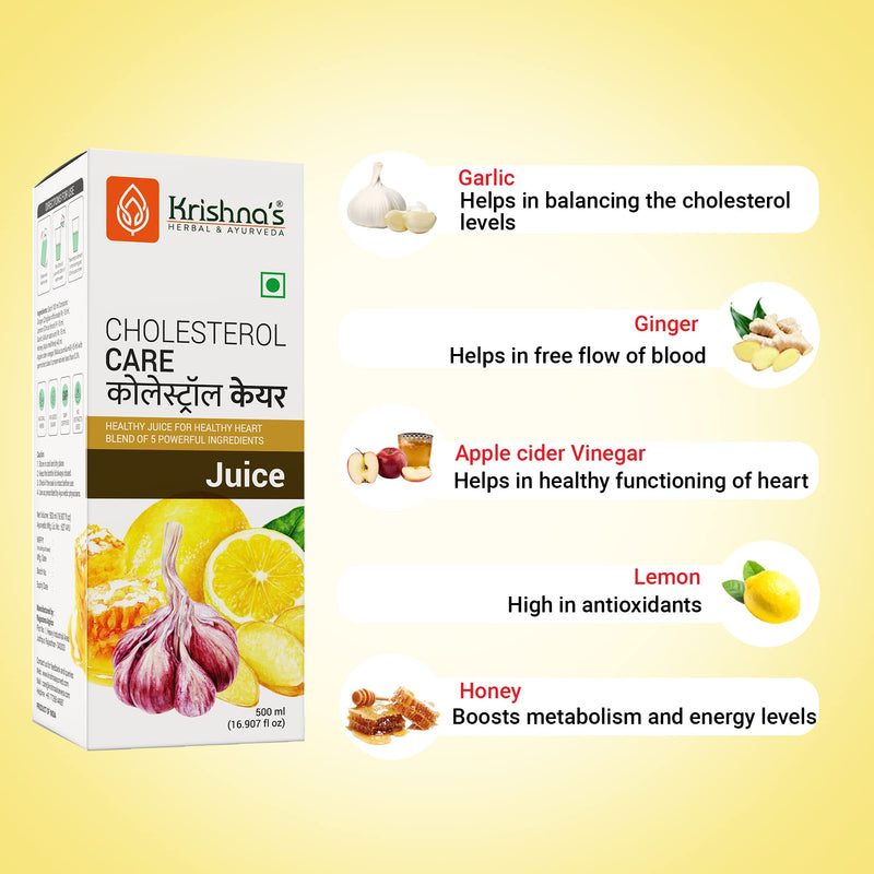 Krishna's Herbal & Ayurveda Cholesterol Care Juice - 1000 ml | Contains Honey with Apple Cider Ginger Garlic, Sugar Free, Helps in Digestion Heart Health, Health Drink, Made in India