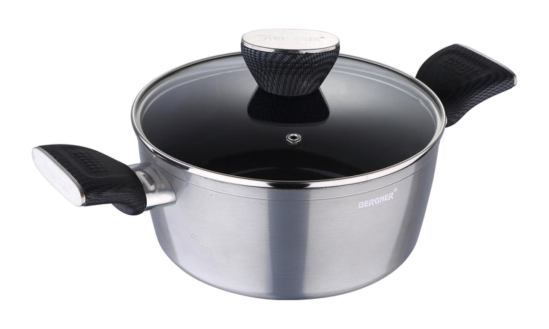 Bergner Carbon TT Non-Stick Cooking Casserole/ Biryani Pot/ Handi with Glass Lid, Induction Base, 28 cm, 6 Liters, Metallic Grey, Gas Ready