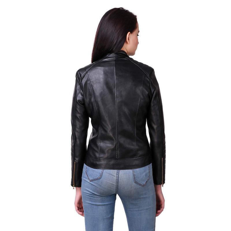 Leather Retail Woman Black Color Faux Leather Jacket (M, Black)