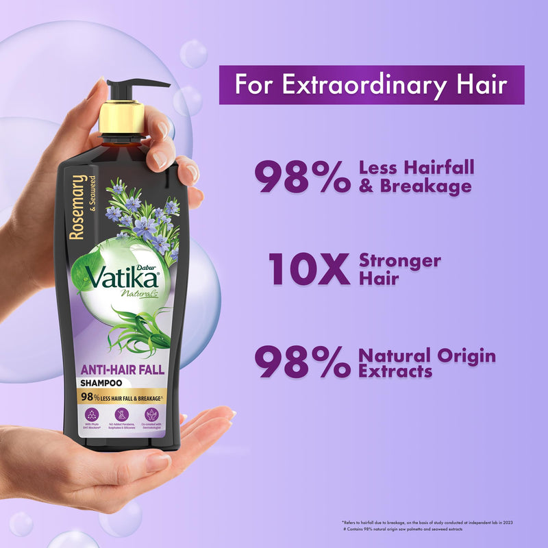 Dabur Vatika Rosemary & Seaweed Anti-Hairfall Shampoo - 640ml | Reduces Hair Fall | Stimulates Hair Growth and Thickness | Co-Created with Dermatologist | No Sulphates, Silicones & Parabens| Animal Test Free