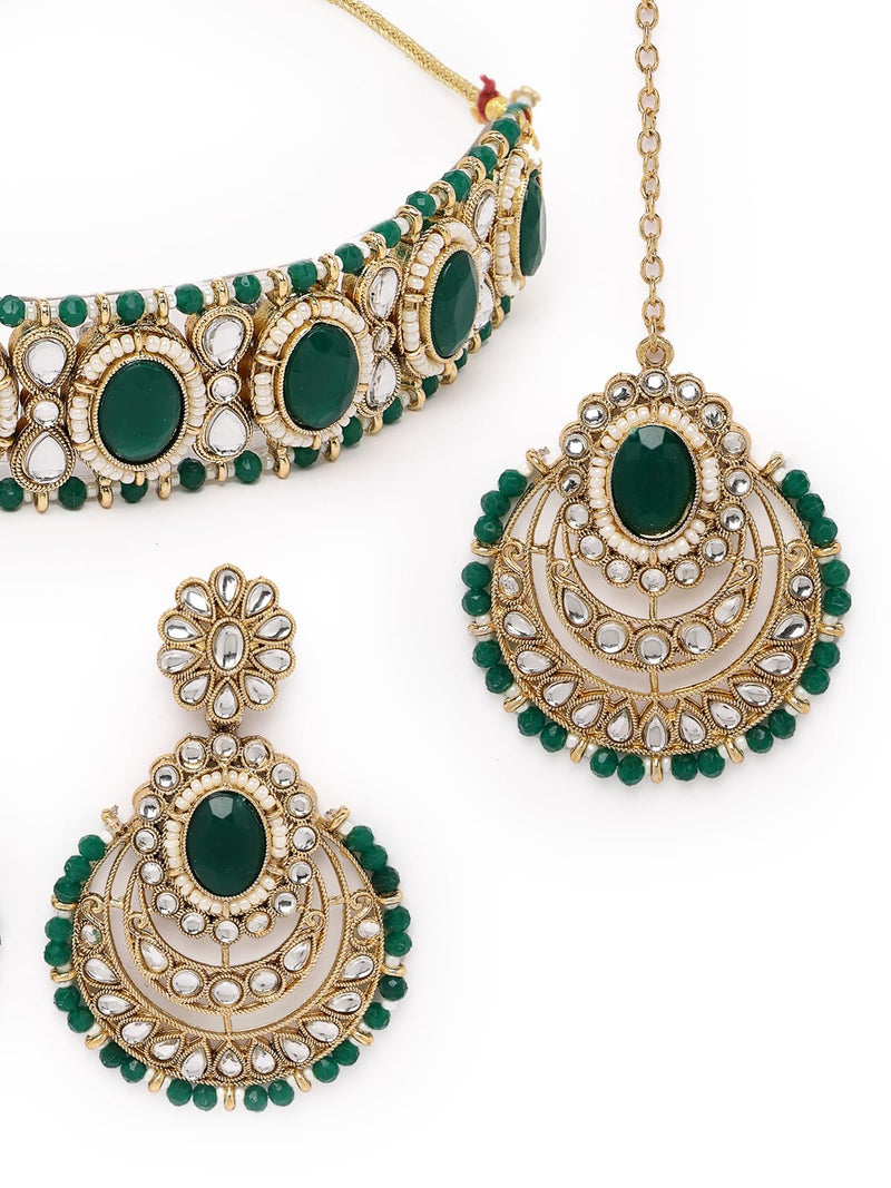 Sukkhi Indian Traditional Gold Plated Green Stone & Beads Choker Necklace Set With Earring And Maangtika | Jewellery Set For Women (NS105710)