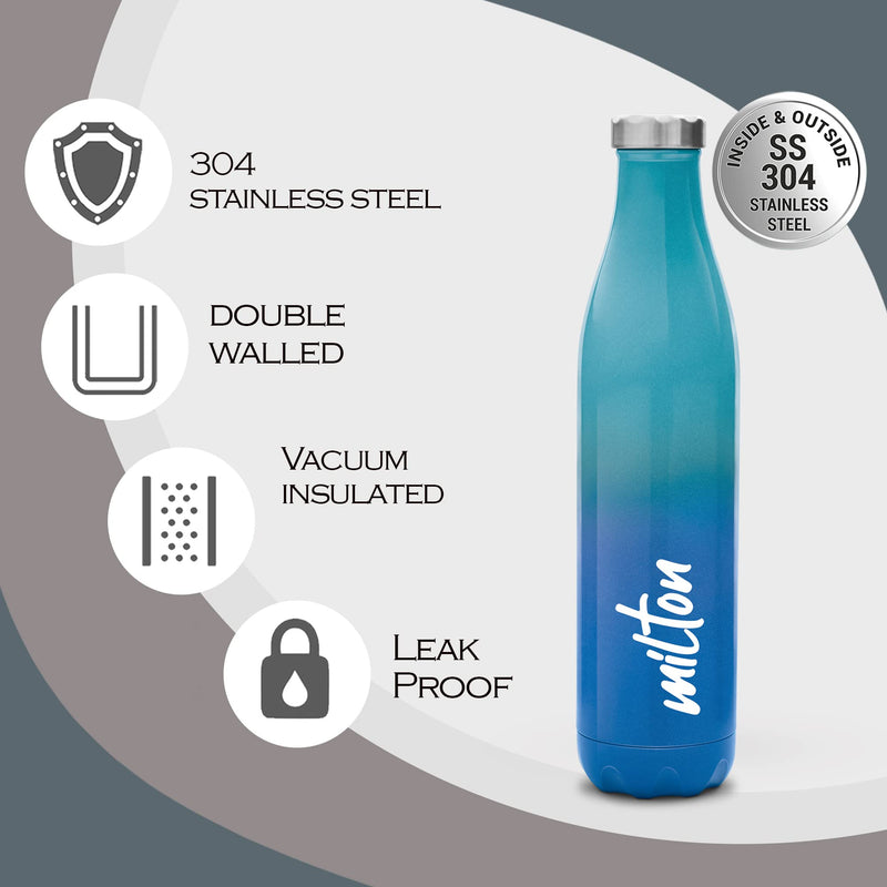 Milton Prudent 1100 Thermosteel 24 Hours Hot and Cold Water Bottle, 1023 ml, Blue | Leak Proof | Easy to Carry | Office Bottle | Hiking | Trekking | Travel Bottle | Gym | Home | Kitchen Bottle