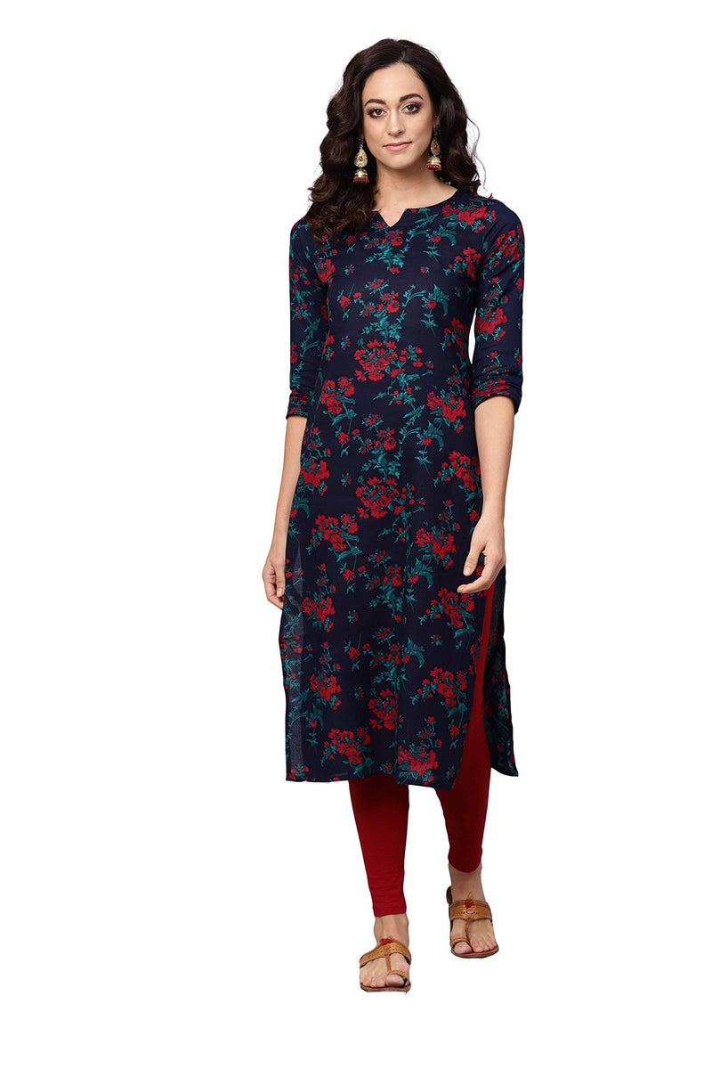 Vaamsi Women's Cotton Blend Floral Printed Straight Kurta (VCK1066G_Blue_XXL)