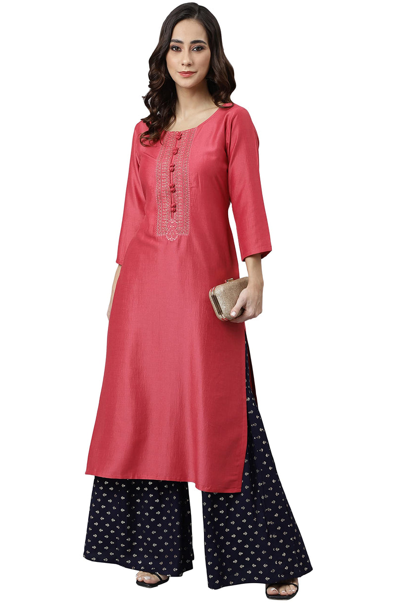 Janasya Women's Pink Poly Silk Embroidered Straight Kurta(JNE3982-KR-L)