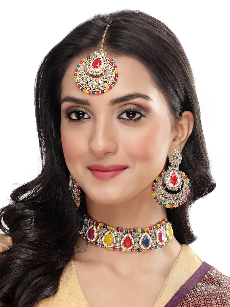 Sukkhi Incredible Drop Shaped Multicolor Kundan & Beads Choker Necklace Set With Earring And Maangtika | Jewellery Set For Women (NS105632)