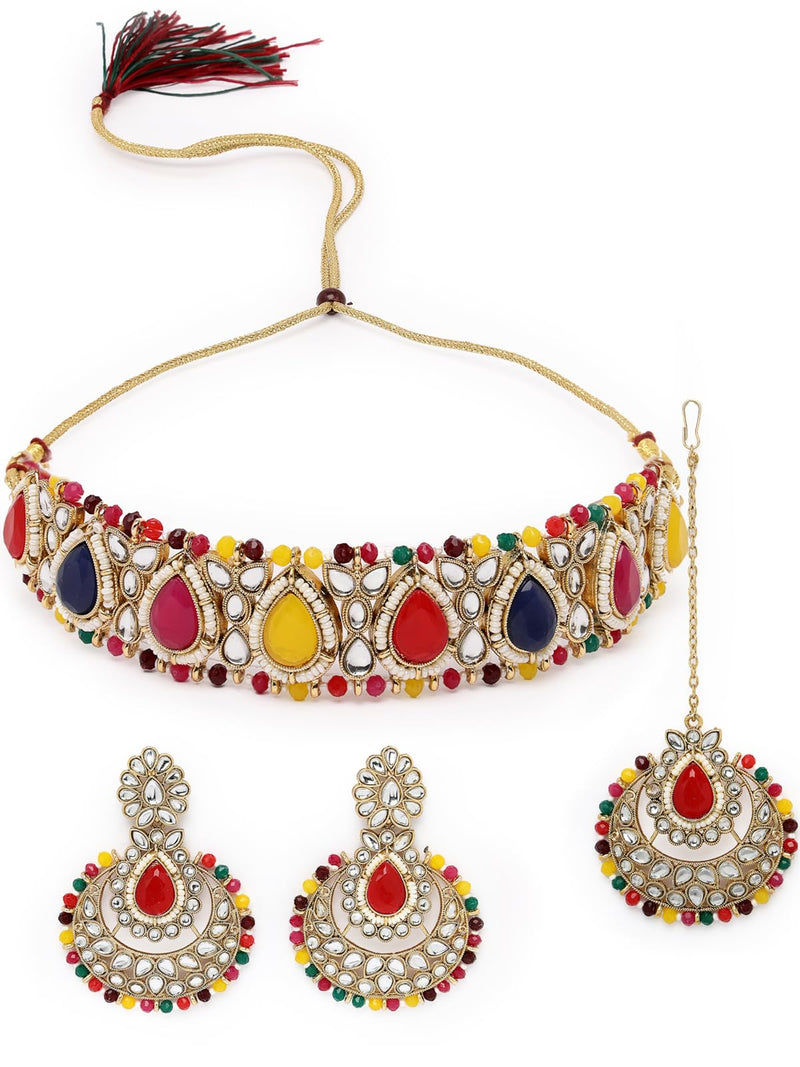 Sukkhi Incredible Drop Shaped Multicolor Kundan & Beads Choker Necklace Set With Earring And Maangtika | Jewellery Set For Women (NS105632)